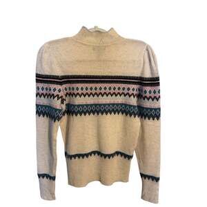 AQUA 100% Cashmere Fair Isle Mock Neck Sweater XS Cream Pink Teal